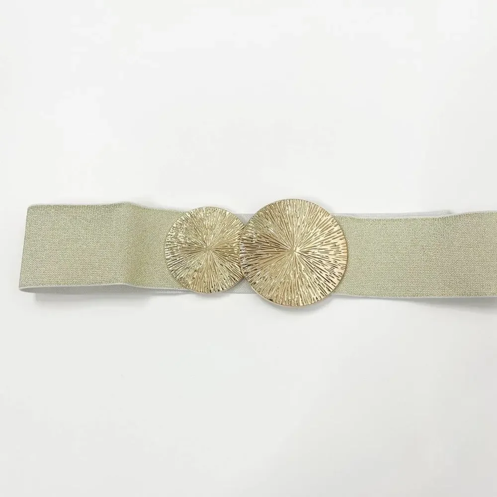 2/$30 NEW Elastic Wide Corset Safe Waist Belt Metallic Snap Buckle Beige Cinch…